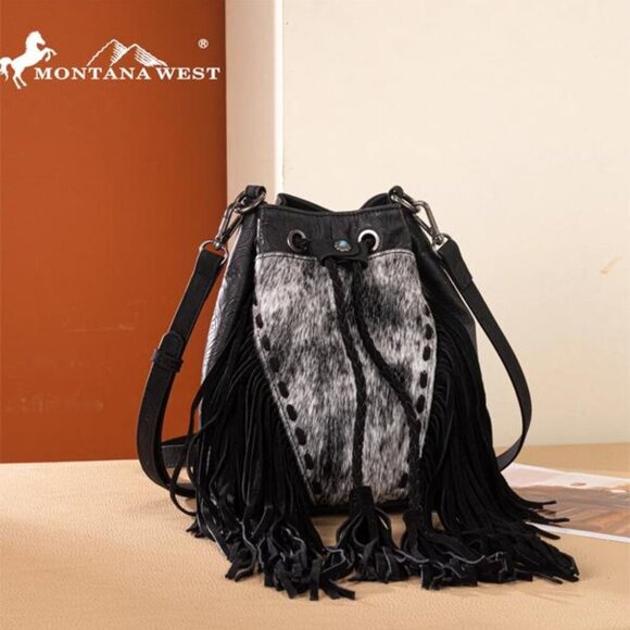 Montana West Hair-On Cowhide Drawstring Crossbody Bucket Bag in Black - Picture 4 of 5